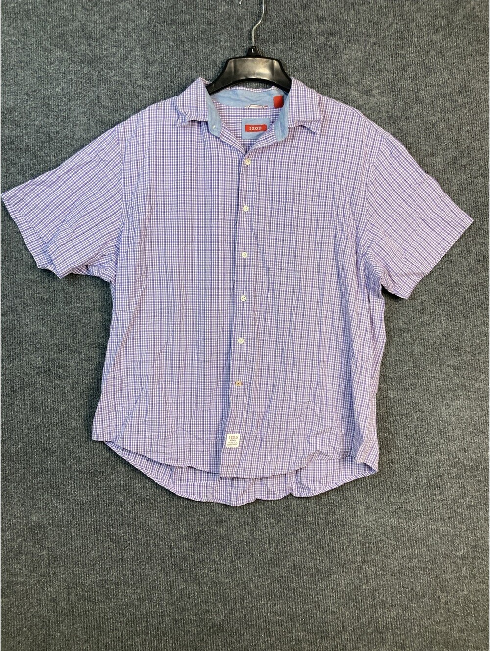 Izod Saltwater Mens XL Purple Plaid Button Up Short Sleeve 100% Cotton Shirt EUC